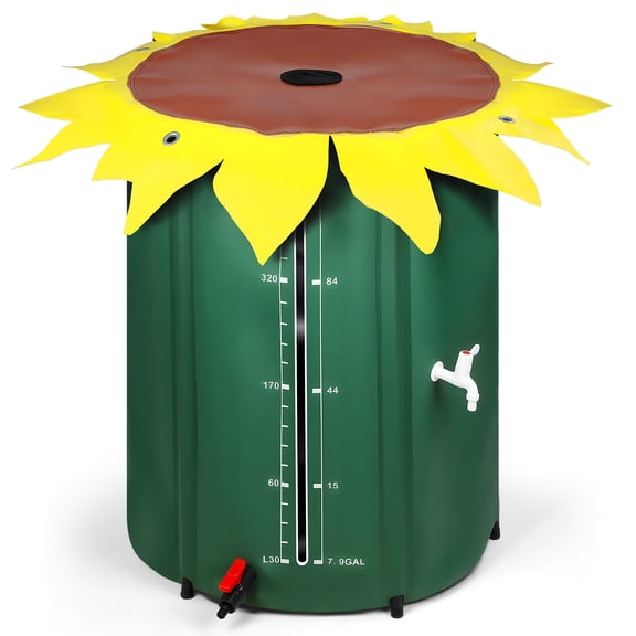 100 Gallon Collapsible Rain Barrel, Sunflower Style Folding Water Storage Tank with Spigot & Mesh Top, 1000D Oxford Cloth Portable Rainwater Collection System for Garden Irrigation