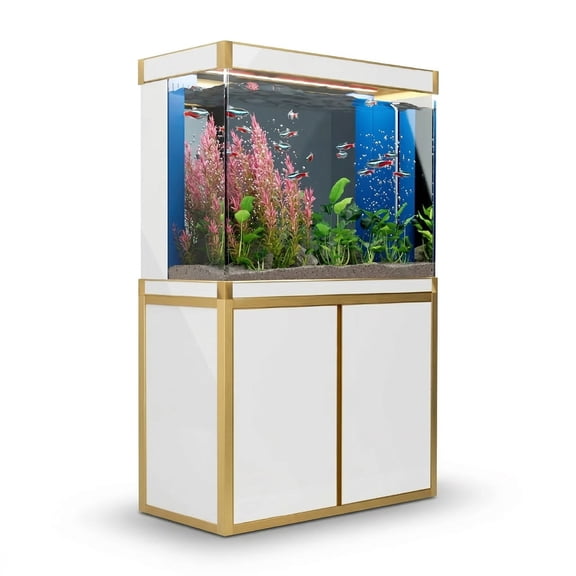 100 Gallon Freshwater Glass Aquarium Set with White & Gold Aluminum Cabinet, Built-In Sump Filtration, Integrated Plumbing System & LED Lighting