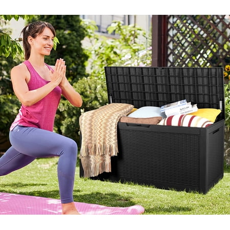 100 Gallon Large Deck Box, Outdoor Storage Box Pool Storage Box Bench, Lockable Storage Container for Patio Furniture Cushions Garden Tools, 450lbs Weight Capacity, Black