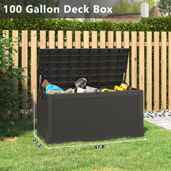 100 Gallon Large Heavy-Duty UV-Resistant Resin Deck Box with Hinged Lid, Outdoor Storage for Pool Gear, Furniture & Garden Tools, Easy Assembly for Home & Commercial Use
