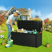 100 Gallon Large Outdoor Storage Deck Box w/Divider for Patio Furniture,Garden Tools,Sports Equipment and Pool Supplies,Waterproof,Rattan & resin