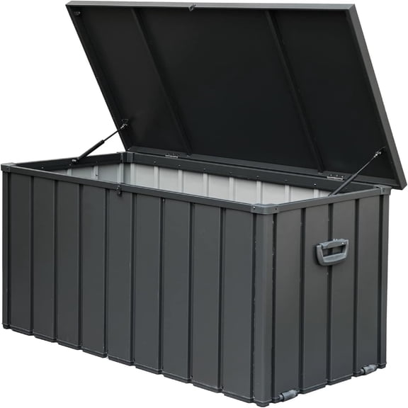 100 Gallon Outdoor Storage Box with Lockable Lid & Rolling Wheels, Waterproof Metal Deck Container for Garden Tools, Patio Cushions, UV-Protected, Dark Gray