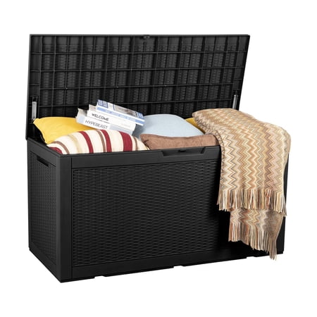 100 Gallon Outdoor Storage Box Waterproof Deck Box Resin Patio Storage Bench with Lockable Lid Indoor/Outdoor Storage Container for Backyard Garden Pool Toy Storage Box, Black