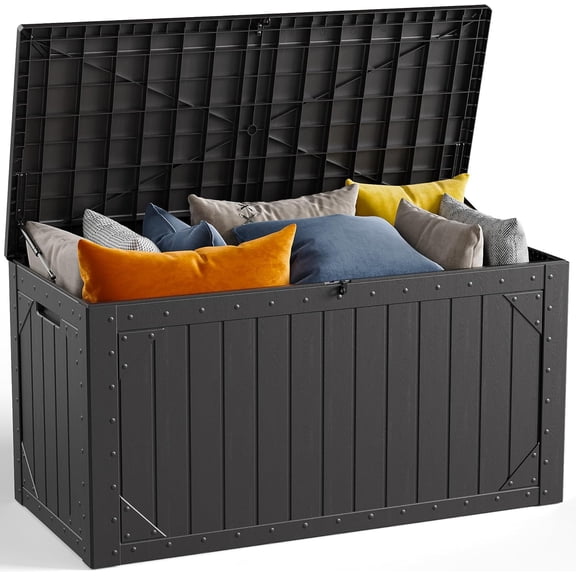100 Gallon Outdoor Storage Box, Waterproof Resin Deck Box Organizer for Patio Cushion Storage, Lockable Outside Container for Garden Tools