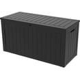 thumbnail image 1 of 100 Gallon Deck Box, Resin Outdoor Storage Box for Outdoor Pillows, Garden Tools and Pool Supplies, Waterproof, Lockable, Black, 1 of 7
