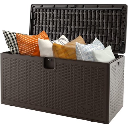 100-Gallon Patio Deck Box - Outdoor Storage Bin With Lid, Lock Hole, Weather-Resistant Package Delivery Boxes For Outside, Cushions, Garden Tools Accessories Storage Box, Brown