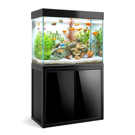100 Gallon Premium Freshwater Aquarium with Aluminum Stand, Overflow Sump Filter System & Tri-Color LED Lighting