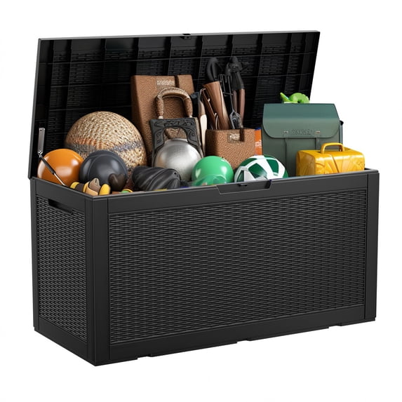 100 Gallon Rattan Deck Box, Lockable Waterproof Storage Box for Poolside, Patio, Garden, Home and Balcony - Black