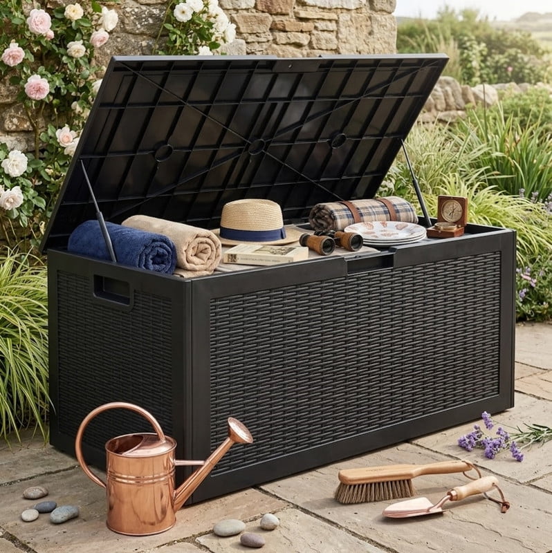 100 Gallon Resin Deck Box, Lockable Patio Outdoor Storage Box for Furniture, Garden Tools and Tools Storage, Waterproof Outside Storage Boxes for Garden, Terrace Furniture