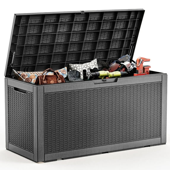 Easy Up 100 Gallon Resin Deck Box, Lockable Patio Outdoor Storage Box for Furniture, Garden Tools and Tools Storage, Waterproof Outside Storage Boxes