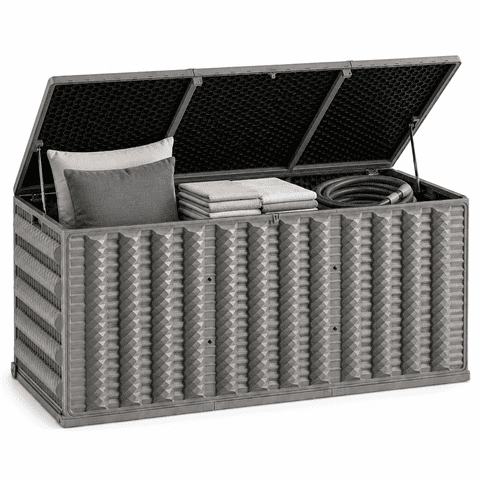130 Gallon Resin Deck Box, Outdoor Lockable Storage Container for Patio Cushions, Garden Tools, Pool Supplies, Toys, Water Resistant and UV Resistant, Reinforced Rib Design, Built-in Wheels, Gray
