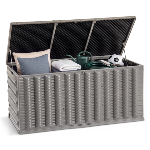 130 Gallon Resin Deck Box, Outdoor Lockable Storage Container for Patio Cushions, Garden Tools, Pool Supplies, Toys, Water Resistant and UV Resistant, Reinforced Rib Design, Gray