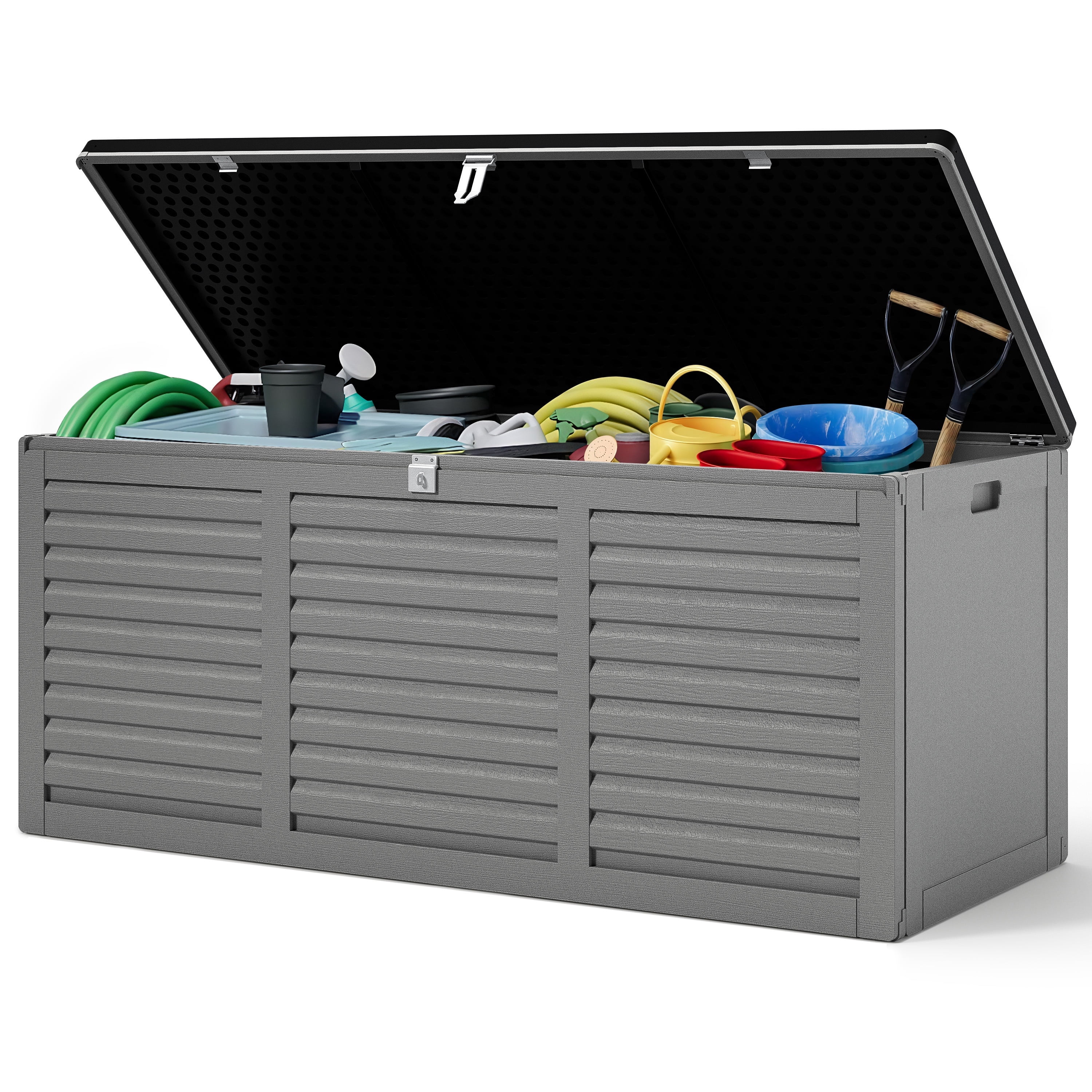130 Gallon Resin Deck Box, Outdoor Lockable Storage Container for Patio Cushions, Garden Tools, Pool Supplies, Toys, Water Resistant and UV Resistant, Reinforced Rib Design, Gray