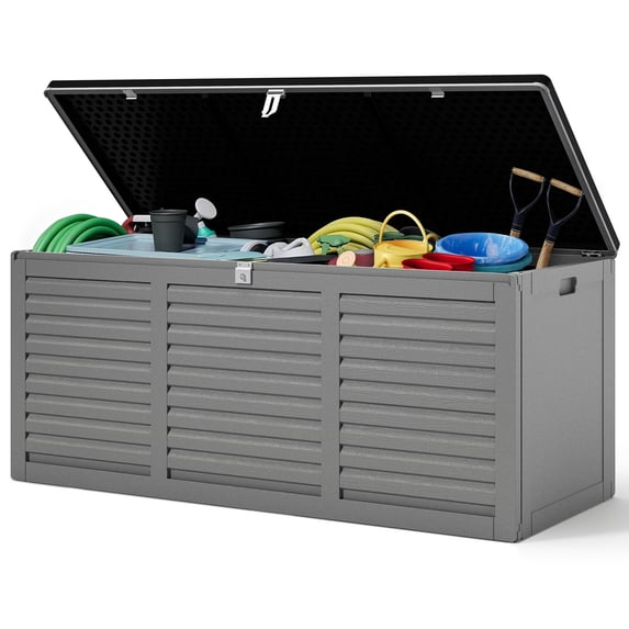 130 Gallon Resin Deck Box, Outdoor Lockable Storage Container for Patio Cushions, Garden Tools, Pool Supplies, Toys, Water Resistant and UV Resistant, Reinforced Rib Design, Gray
