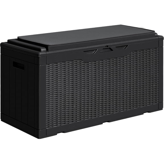 100 Gallon Resin Deck Box, Outdoor Storage with Cushion, Black | for Patio Furniture, Garden Tools, Pool Supplies, Weatherproof and UV Resistant, Lockable