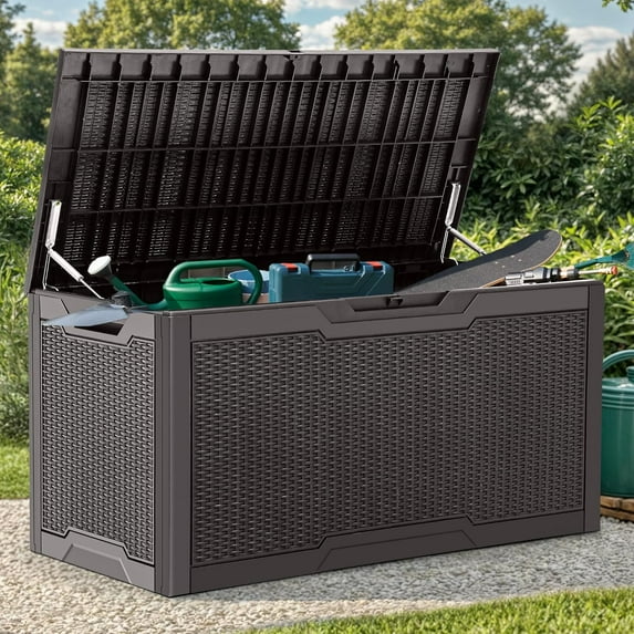 100 Gallon Resin Deck Box, Weather Resistant Outdoor Storage Box, Lockable Indoor Outdoor Storage for Supplies and Essentials, Dark Brown