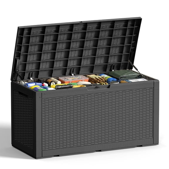 100 Gallon Resin Outdoor Storage Box, All-Weather Waterproof Deck Box, Lockable Patio Storage Bench for Cushions, Tools, Pool Accessories, Durable Backyard Storage Solution