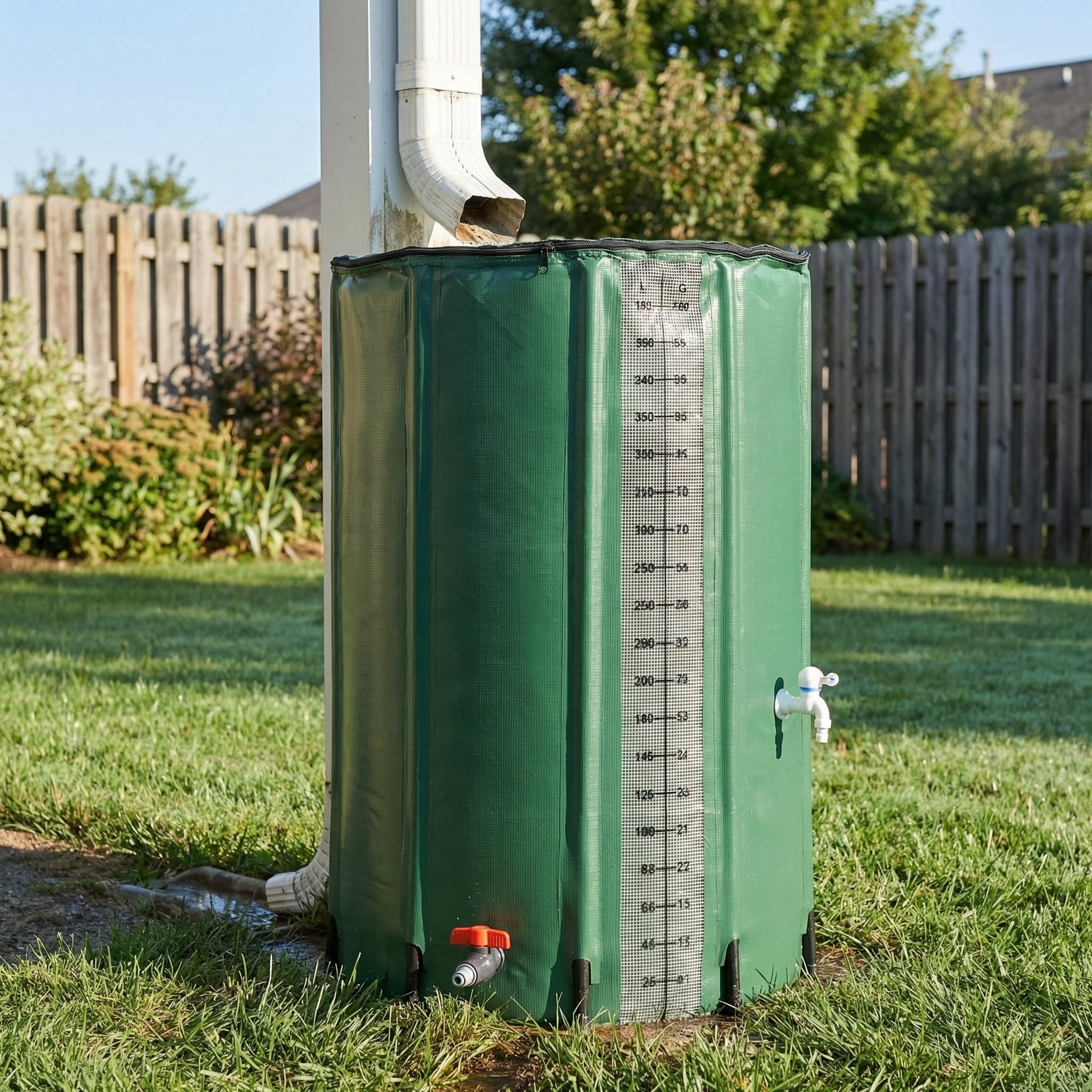 100-Gallon Robust PVC Rain Accumulation Unit with Measurement Scale in Green Hue - Innovative Water Conservation Solution