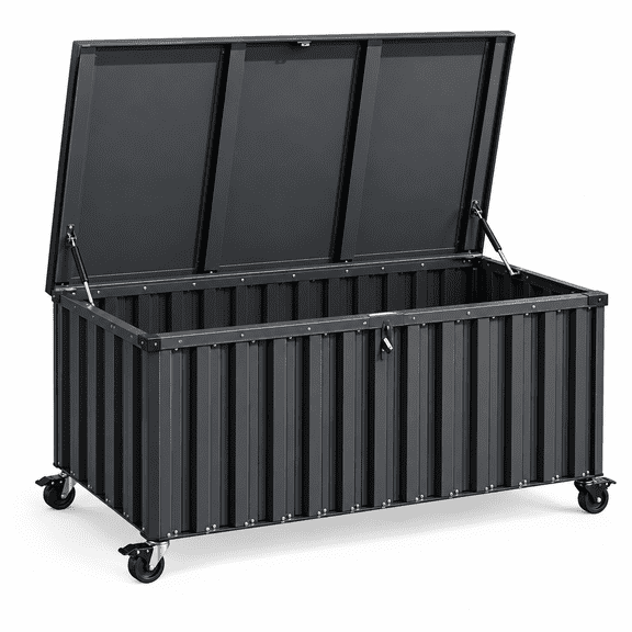 100 Gallon Sturdy Steel Deck Storage Box with 4 Swivel Casters - Waterproof Outdoor Lockable Storage Chest for Patio Cushions, Pool Supplies, Garden Tools
