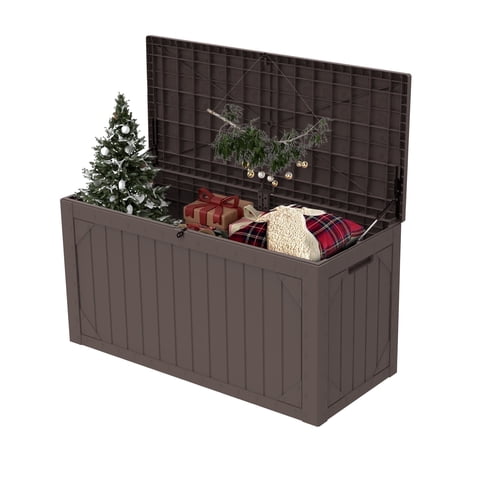 Decksplore 120 Gal Injection-Molded Resin Deck Box, Outdoor Storage with Lockable Lid, Dark Brown