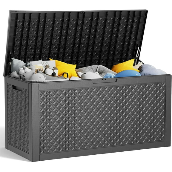 100 Gallon Waterproof Outdoor Storage Box,Resin Deck Box,Lockable Outside Storage Box Container for Patio Furniure,Garden,Pool Tools (100 Gallon,Black pattern)