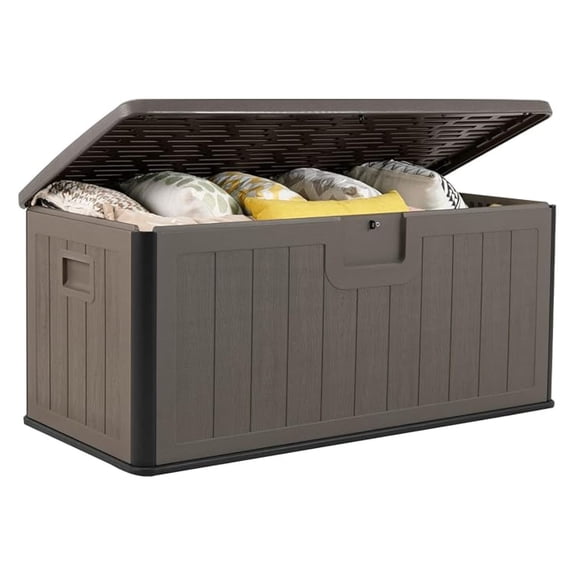 100 Gallon , Waterproof Resin Box with Lockable Lid, 440Lbs Outdoor HDPE Storage Container for Patio Furniture Cushions, Pool & Garden Accessories (Brown)