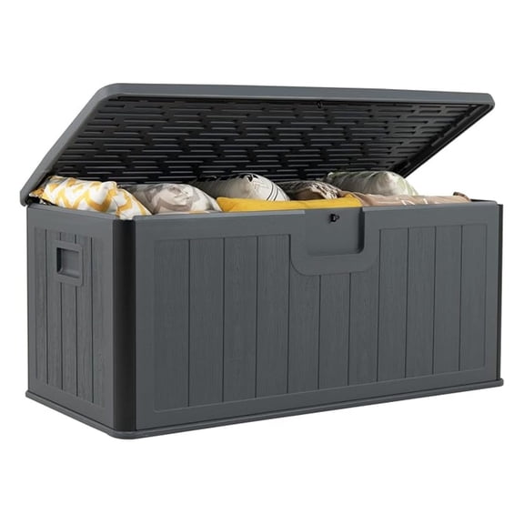 100 Gallon , Waterproof Resin Box with Lockable Lid, 440Lbs Outdoor HDPE Storage Container for Patio Furniture Cushions, Pool & Garden Accessories (Grey)