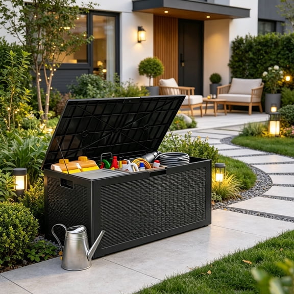 100 Gallon Waterproof Storage Box,Resin Deck Box,Lockable Indoor/Outdoor Storage Container, UV-Resistant Patio Furniture Storage Organizer for Garden, Pool, Balcony