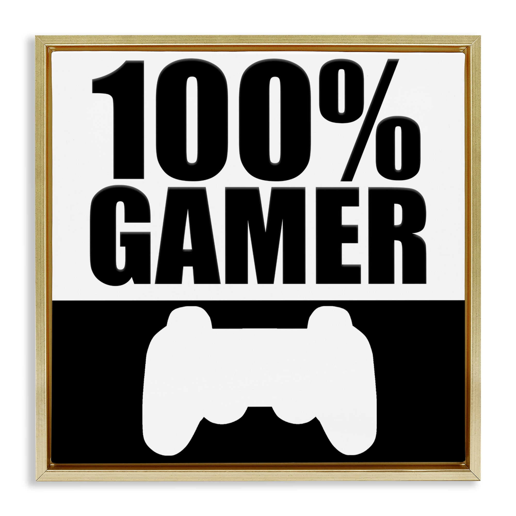 100% Gamer Black & White Gold Framed Floater Canvas Wall Art, design by Kim Allen