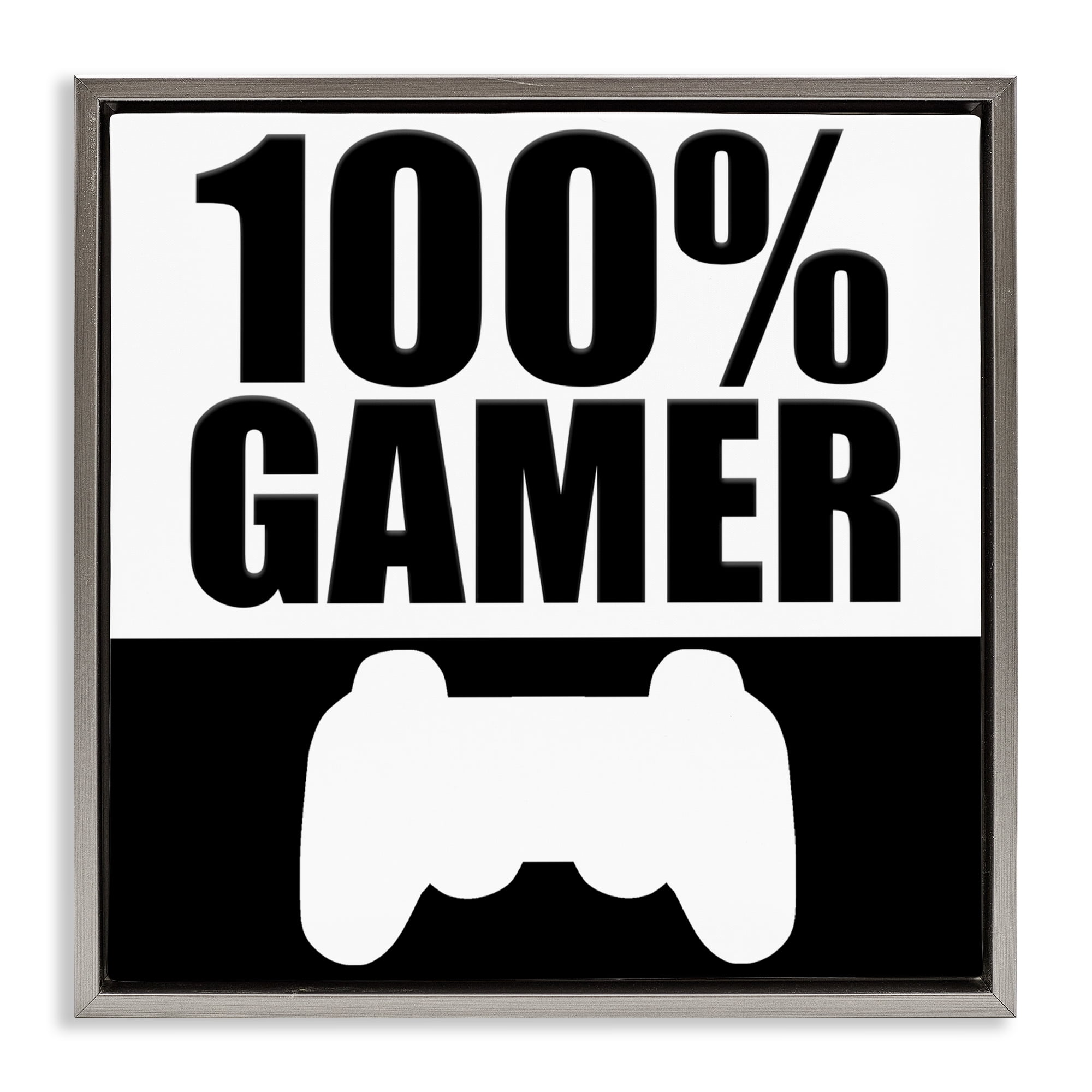 100% Gamer Black & White Gray Framed Floater Canvas Wall Art, design by Kim Allen