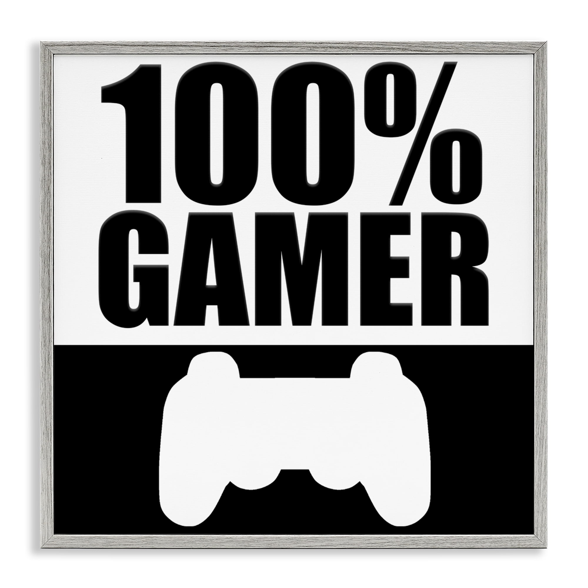 100% Gamer Black & White Gray Framed Giclee Art, design by Kim Allen