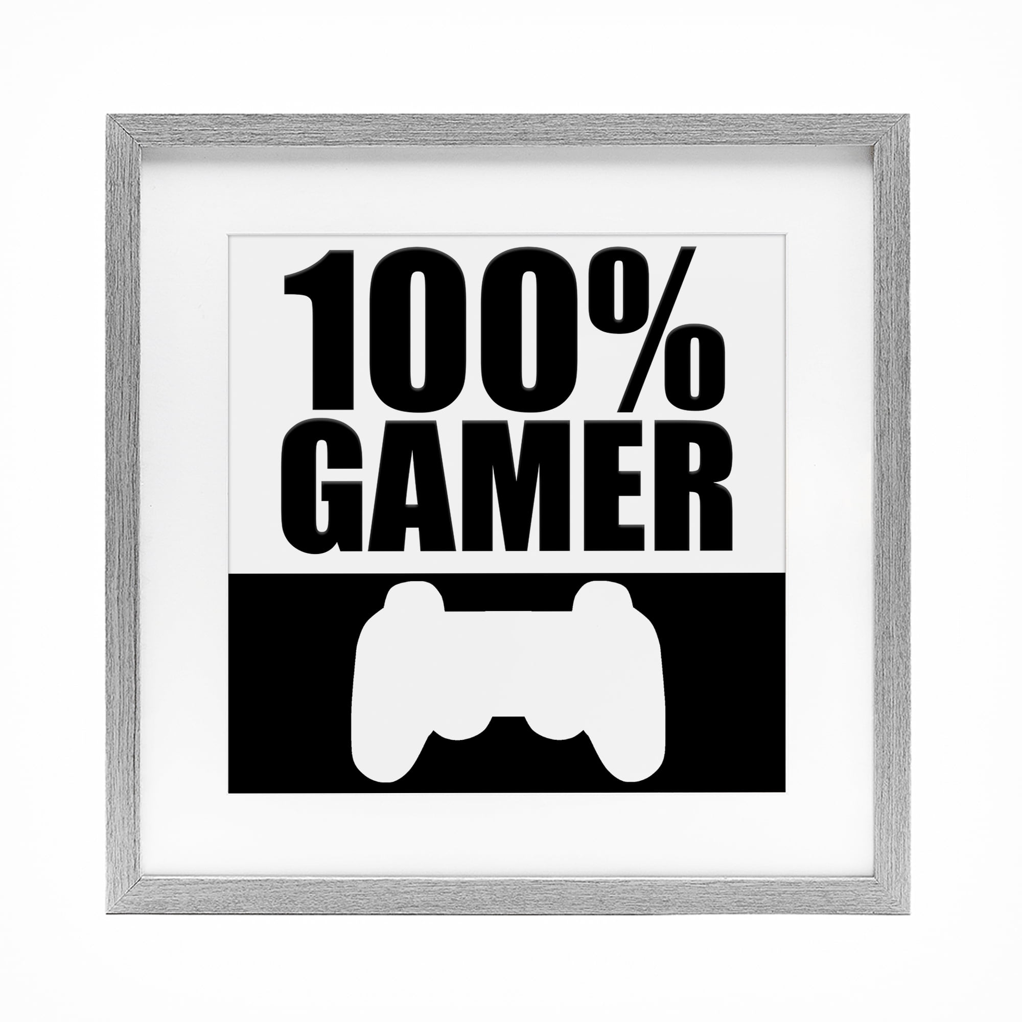 100% Gamer Black & White Gray Framed Print Under Glass, design by Kim Allen