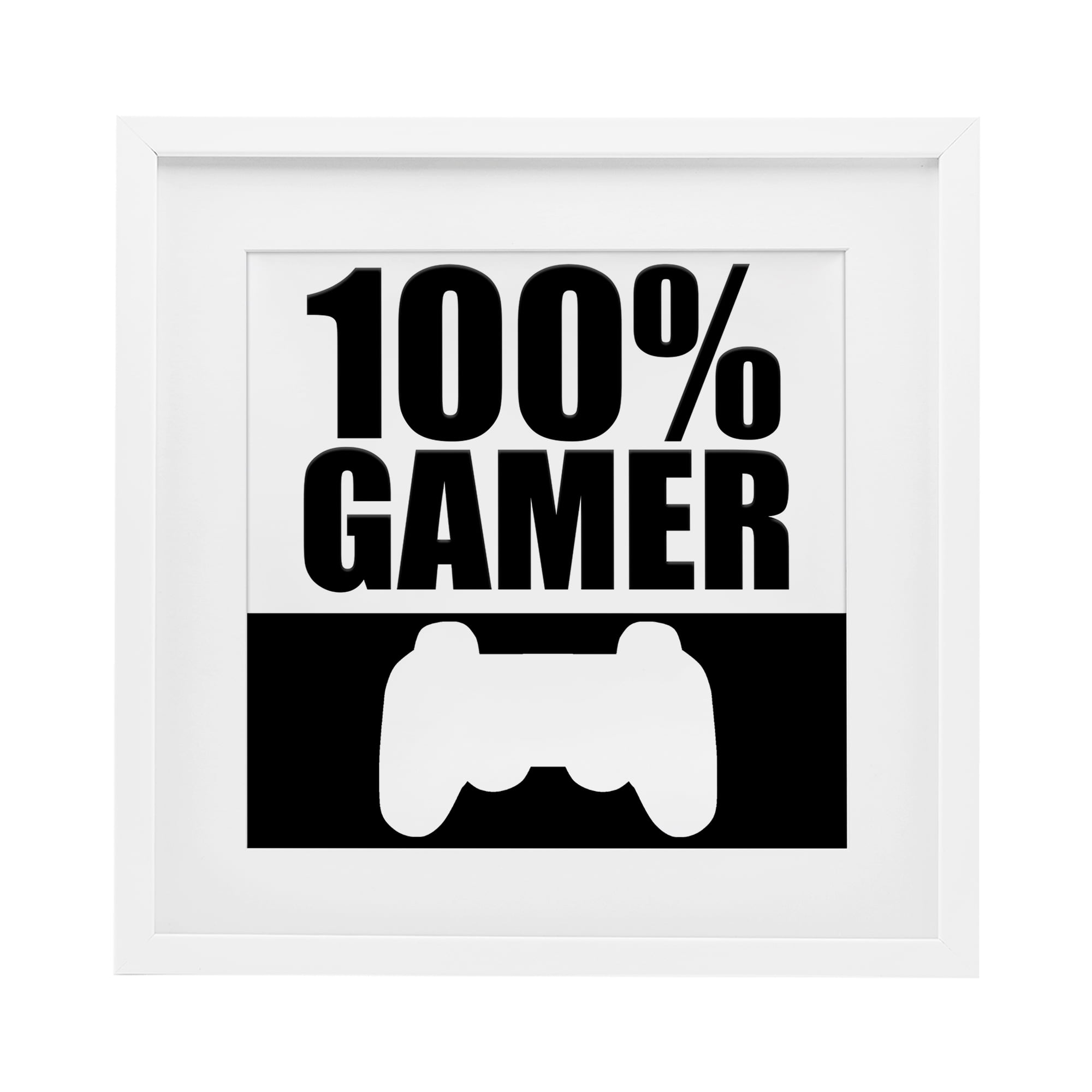 100% Gamer Black & White White Framed Print Under Glass, design by Kim Allen