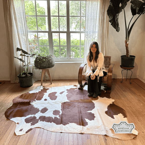 Chromatic Brown And White Cowhide Rug, 6x8 ft, Genuine Leather, Natural Cowhide for Modern & Rustic Decor
