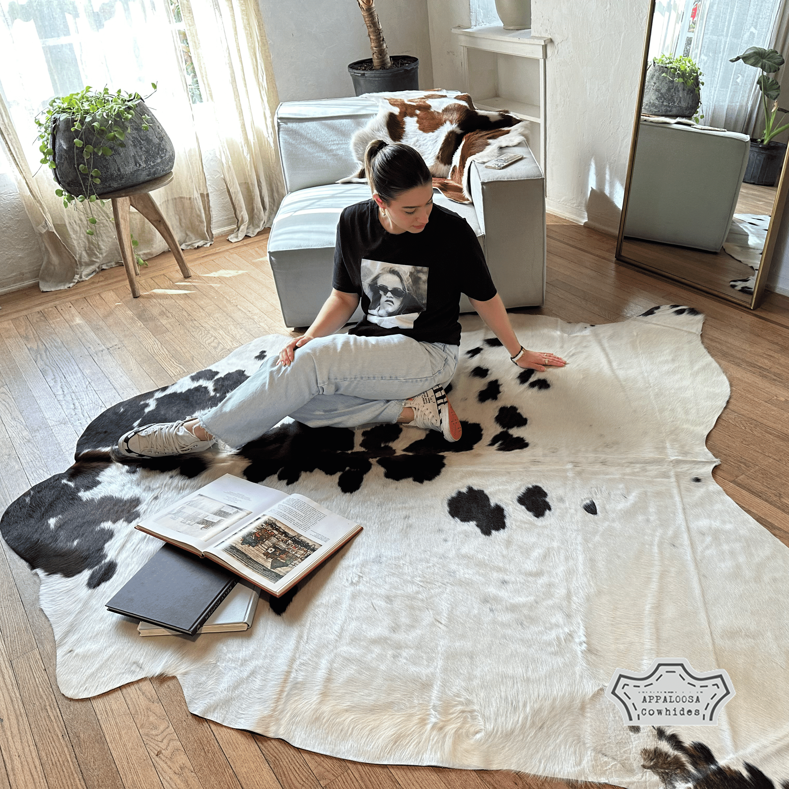Light Tricolor Cowhide Rug, 6x7 ft, Genuine Leather, Natural Cowhide ...