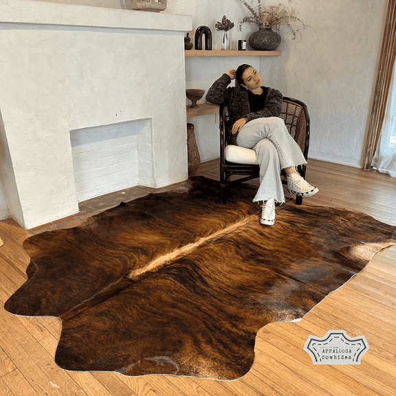 Medium Brindle Cowhide Rug, 6x7 ft, Genuine Leather, Natural Cowhide for Modern & Rustic Decor