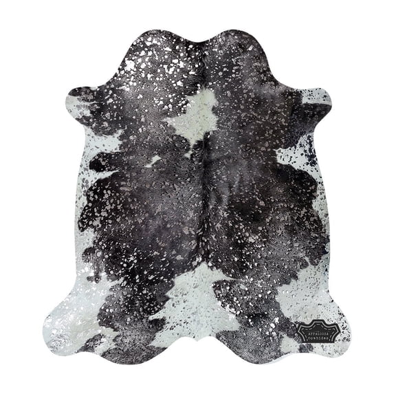 100% Genuine Leather Cowhide Rug in Metallic Silver Devore on Black & White | Large 6' x 7'| Best Price Guaranteed.