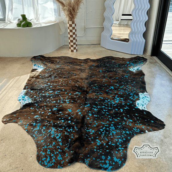 Turquoise Devore On Brindle Cowhide Rug, 6x7 ft, Genuine Leather, Natural Cowhide for Modern & Rustic Decor