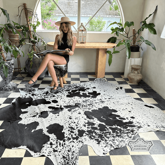 Black Speckled Cowhide Rug, 6x7 ft, Genuine Leather, Natural Cowhide for Modern & Rustic Decor