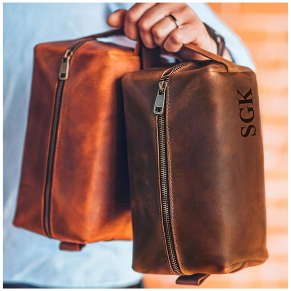 100% Genuine Leather Toiletry Bag Engraved Name or Initials Crafted in USA Personalized Travel Bag for Men Customized Birthday, Anniversary, Father & Groomsmen Gift Mens Waterproof Dopp Kit
