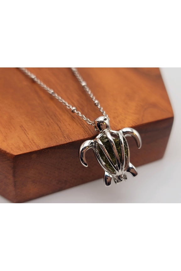 100% Genuine Natural Moldavite Turtle Locker Necklace Silver Tone