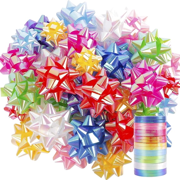 100 Gift Bows Assortment with 18 Rolls Curling Ribbons, Holiday Bows for Gift Wrapping, Christmas Wrapping Ribbon, Crafting, Wedding, Party, Festival, Florist Flower