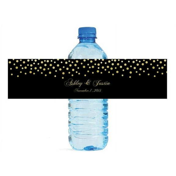 100 Gold Confetti Falling on black background Wedding Anniversary Engagement Party Water Bottle labels Bridal Shower