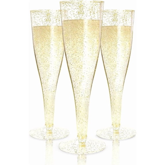 100 Gold Plastic Champagne Flutes - 4.5 oz Disposable Champagne Glasses for Toasting at Weddings, Mimosas, Cocktails, Great Gatsby Party Decorations, and Events