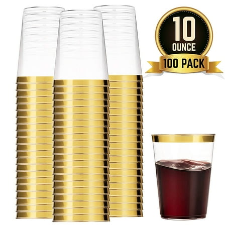100 Gold Plastic Cups 10 Oz Clear Plastic Cups Tumblers Gold Rimmed Cups Fancy Disposable Wedding Cups Elegant Party Cups with Gold Rim
