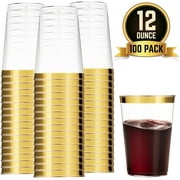 100 Gold Plastic Cups 12 Oz Clear Plastic Cups Tumblers Gold Rimmed Cups Fancy Disposable Wedding Cups Elegant Party Cups with Gold Rim