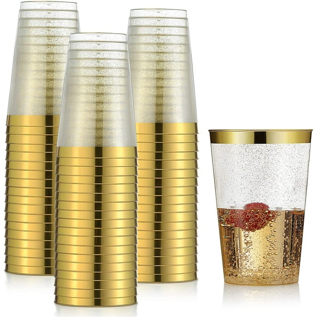 100 Gold Plastic Cups 12 oz Gold Glitter with a Gold Rim Premium