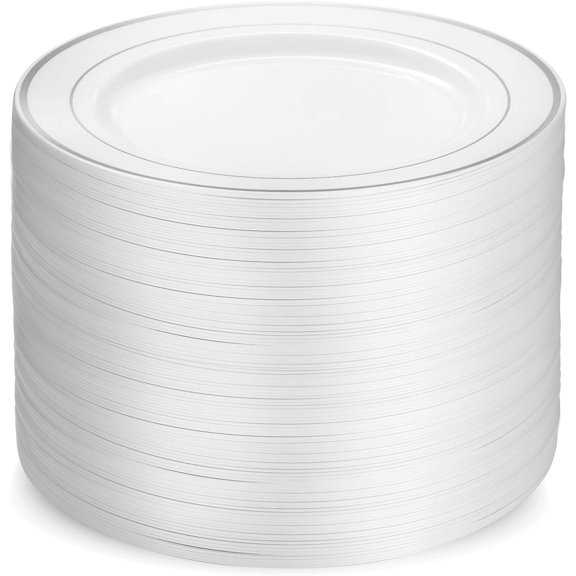 100 Gold Plastic Plates Set, 10 Inch Disposable Dinner Plates, Elegant Fancy Heavy Duty for Party, Wedding, Clear with Gold Rim