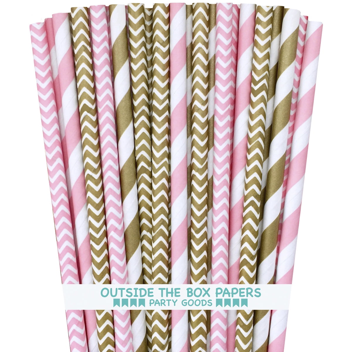 100 Gold and Pink Stripe and Chevron Paper Straws