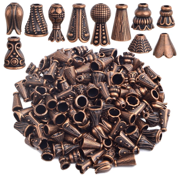 100 Gram (About 110-150pcs) Mixed Styles Bead Caps Vintage Alloy Flower Spacer Beads Tassel Cone Bead Caps Accessories for DIY Bracelet Necklace Jewelry Making, Antique Copper